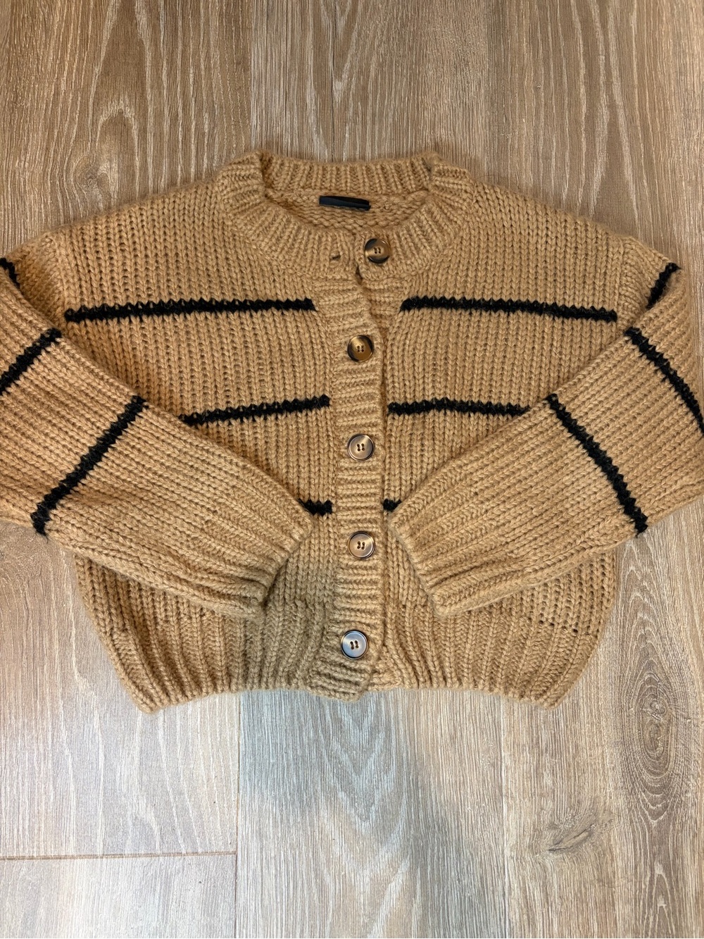 Vici Tan Knit Button-Up Cardigan with Black Stripes
